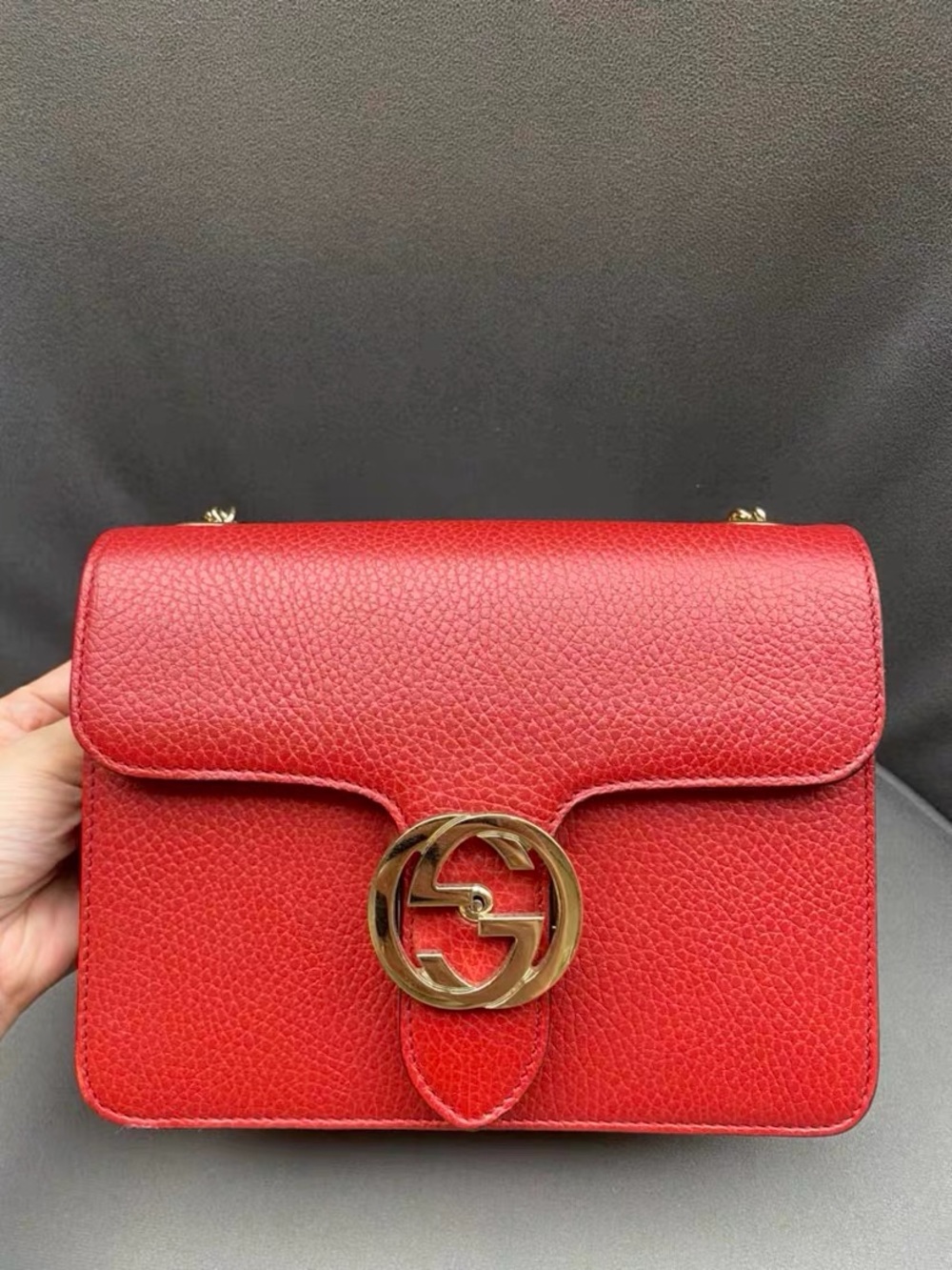 Gucci Red Pebbled Leather Crossbody with Gold Interlocking G